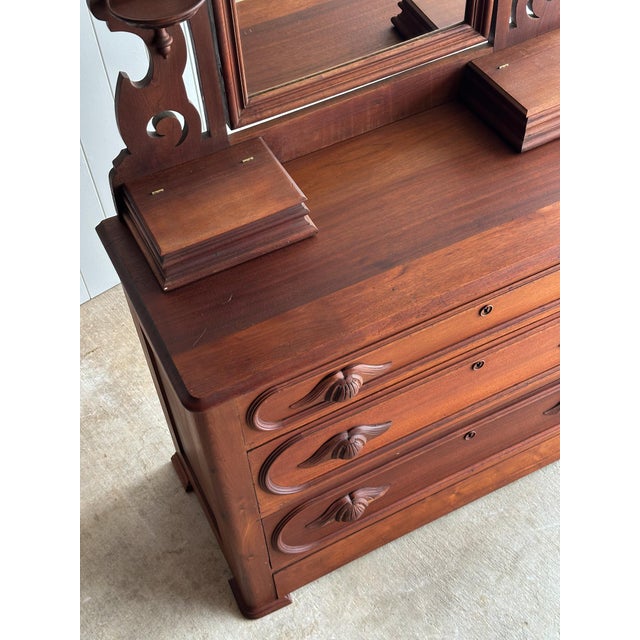 Antique Walnut Dresser With Arched Mirror and Carved Crest For Sale - Image 10 of 18