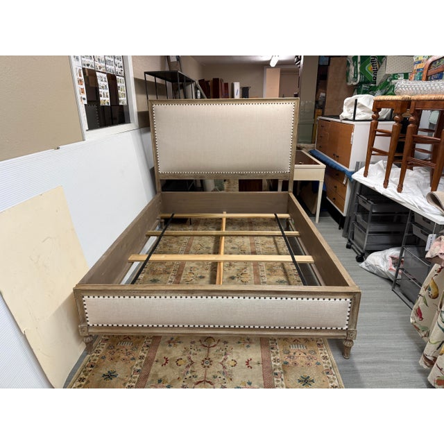 French Queen Size Restoration Hardware Maison Fabric Panel Bed Frame, Antique Oak Finish For Sale - Image 3 of 12
