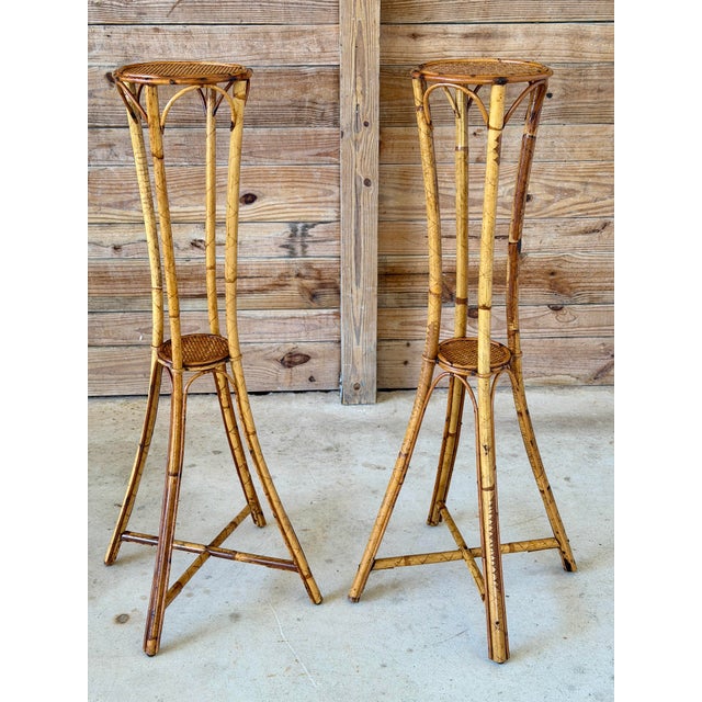 Vintage Pair of Faux Bamboo and Woven Rattan Plant Stands For Sale - Image 4 of 12