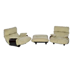 Michel Ducaroy 'Marsala' Ultra-Suede & Bronze Lucite 2 Lounge Chairs & Ottoman - 3 Pieces