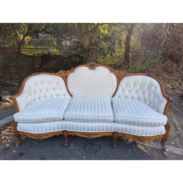 Victorian Louis xv rococo revival 3seat sofa and arm chair white satin stripeing with hand carved wood frame and diamond...