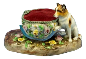 19th Century Porcelain Dog Pincushion from Ernst Bohne & Sohne Rudolstadt, Germany