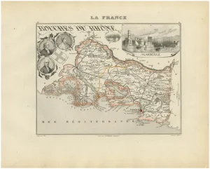 Map of Bouches-Du-Rhône France with Marseille and Rhône Delta, 1800s