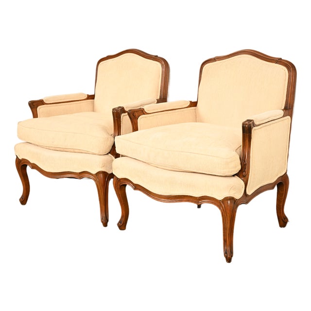 Baker Furniture French Provincial Louis XV Carved Fruitwood Bergère Chairs, Pair For Sale