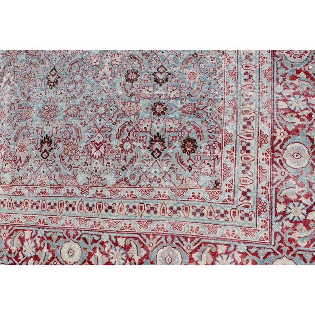 Early 20th Century Antique Persian Tabriz Rug With All-Over Geometric Design in Light Blue and Rose Red For Sale - Image 10 of 12