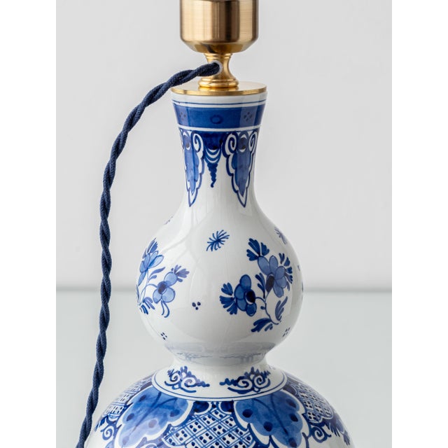Vintage Royal Delft Blue & White Ceramic Table Lamps with New Vermilion Silk Shades, Set of 2 For Sale - Image 15 of 18