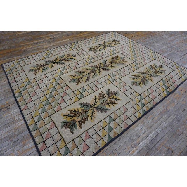Early 20th Century 1930s Ivory Crean Floral Folk Art Antique American Hooked Rug 7'10'' X 10' Handknotted Wool Carpet For Sale - Image 5 of 12