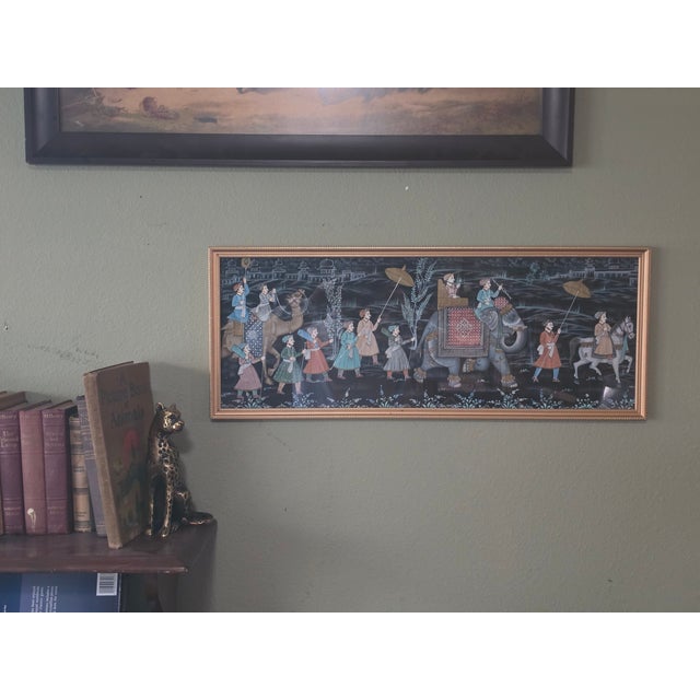 Large Vintage Indian Mughal Procession Painting on Silk - Hand Painted Gold Leaf For Sale - Image 4 of 4