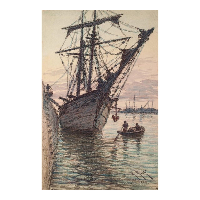 Sailing Ship In the Harbour, Original Watercolor, 1929 For Sale