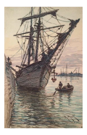 Sailing Ship In the Harbour, Original Watercolor, 1929