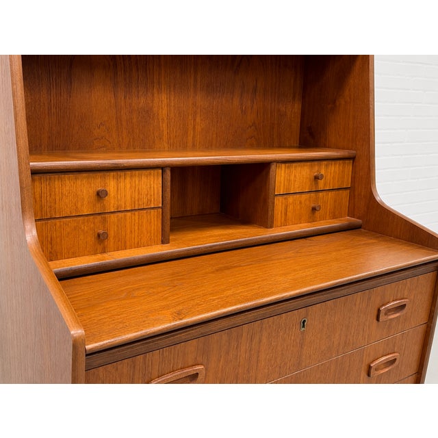 Brown Mid Century Modern Teak Secretary Desk – Scandinavian Writing Desk With Storage, C. 1960’s For Sale - Image 8 of 15
