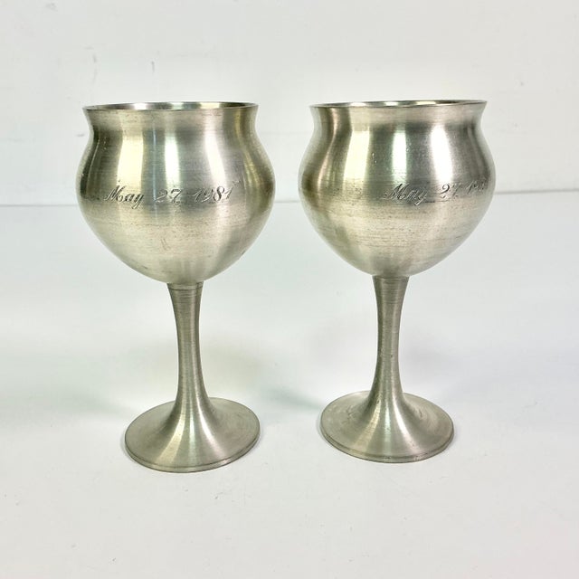 1980s Vintage Hollywood Regency Boho Chic Pewter Wine Goblets - A Pair. For Sale - Image 4 of 9