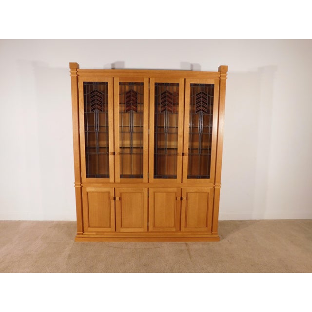 Circa. 2000 Frank Lloyd Wright Mission / Prairie Style Tiger Oak China Display Cabinet with Stained Glass Doors in Wheat...