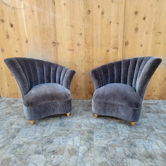 Art Deco Asymmetrical Channel Fan Back Lounge Chairs and Ottoman Newly
