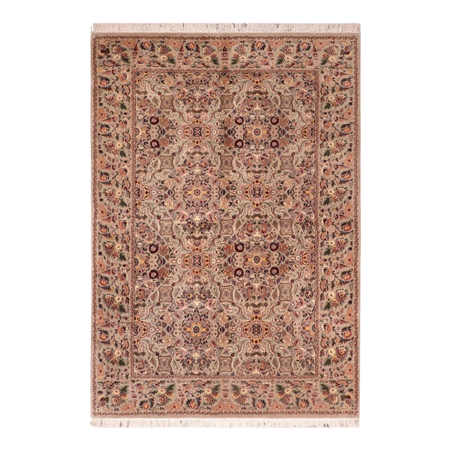 Shabby Chic Floral 1990's Pak-Persian Taupe/Green Wool Rug - 6'1'' X 8'11'' For Sale