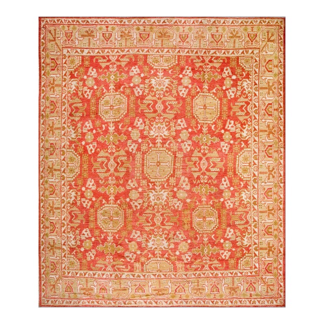 Attractive Apricot Ground Color & Beige Geometric Desing Antique Turkish Oushak Rug For Sale
