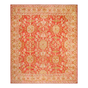 Attractive Apricot Ground Color & Beige Geometric Desing Antique Turkish Oushak Rug