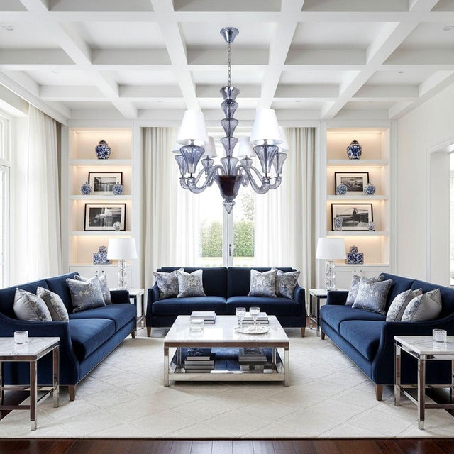 Mid Century Modern blue-gray Murano Glass chandelier, Barovier style, Italy 1990s. The large chandelier has six...