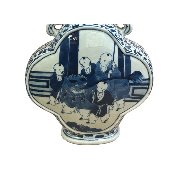 Blue Chinese Blue White Porcelain MoonFlask Scenery Graphic Art Vase For Sale - Image 8 of 15