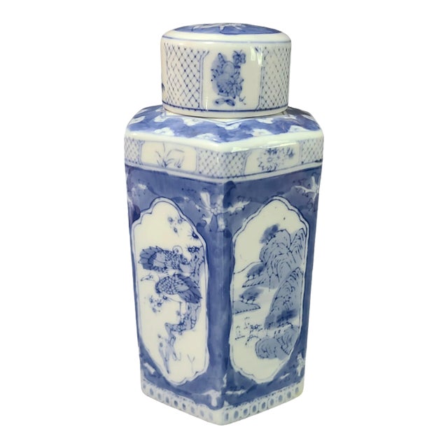 Vintage Asian Chinese Blue & White Hexagon Covered Tea Caddy Jinger Jar For Sale
