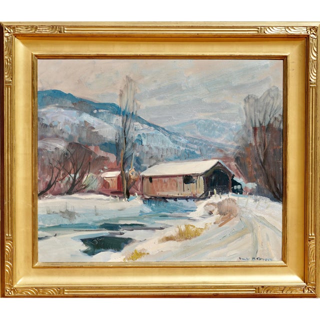 Emile Albert Gruppe 'Mass 1896-1978' “Covered Bridge” Snow Painting For Sale