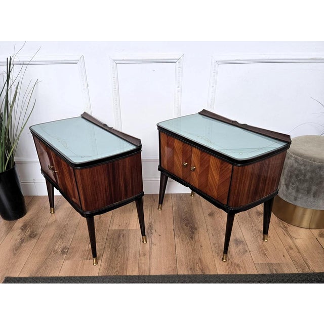 Blue Mid-Century Art Deco Italian Nightstands with Walnut Glass Top, 1950s, Set of 2 For Sale - Image 8 of 11
