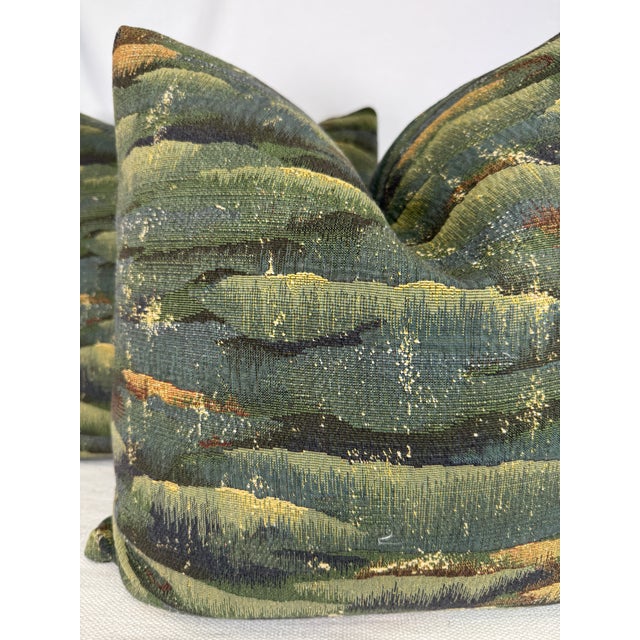 Custom pair of 22" pillows covered in Pierre Frey "Obernai" in color colvert tapestry fabric. These pillows have tapered...