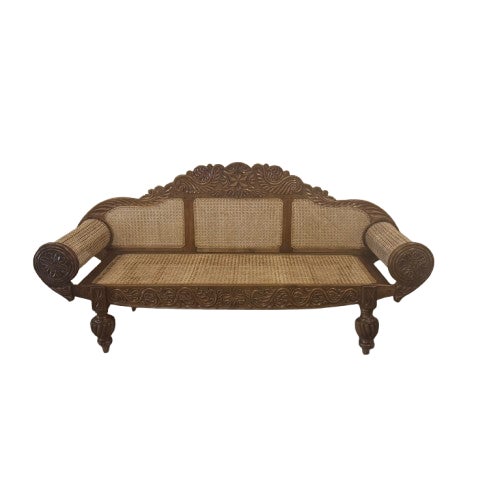 Wood British Colonial Cane Settee With Hand-Carved Teak Wood Details For Sale - Image 7 of 13