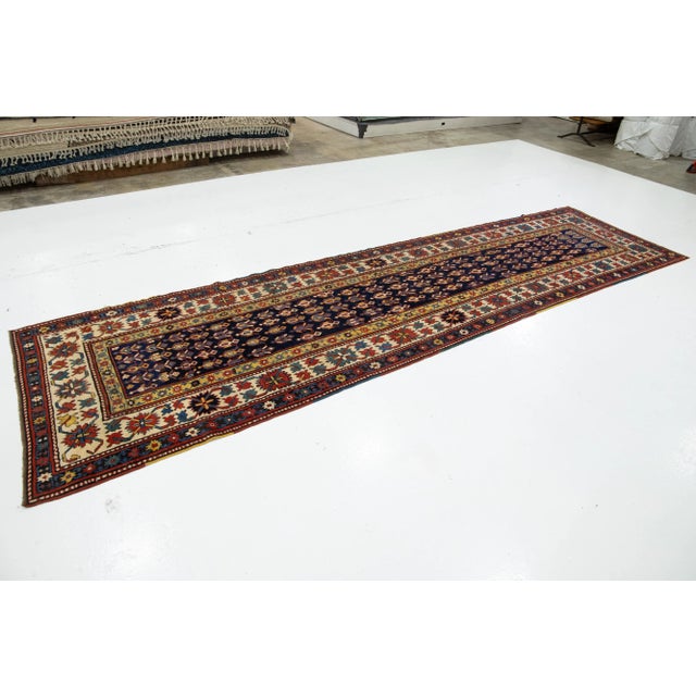 Islamic Vintage Kazak Caucasian Wool Runner in Blue With Multicolor Allover Design For Sale - Image 3 of 8