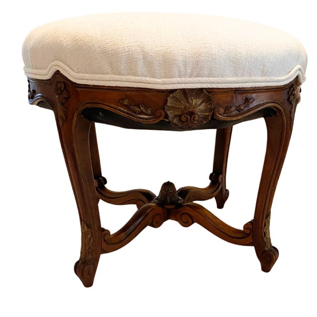 Early 19th Century French Louis XV Carved Walnut Tabouret (Stool) – Original Frame and Upholstery Construction, Updated in White Performance Fabric For Sale - Image 12 of 18