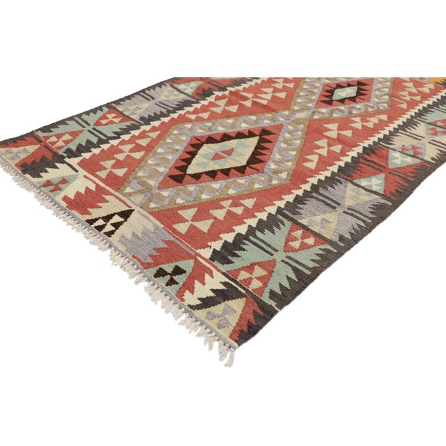 Vintage Persian Shiraz Kilim Rug with Boho Chic Tribal Style 03'02 x 04'10. Full of tiny details and a bold expressive...