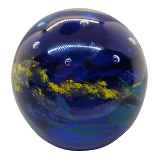 Vintage Crystal Glass Paperweight Dark Blue Sky Starry Night Bubble Glasswork For Sale