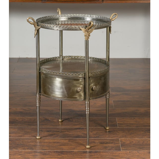 Vintage Italian Steel and Bronze Circular Side Table with Swan Necks and Doors For Sale In Atlanta - Image 6 of 12