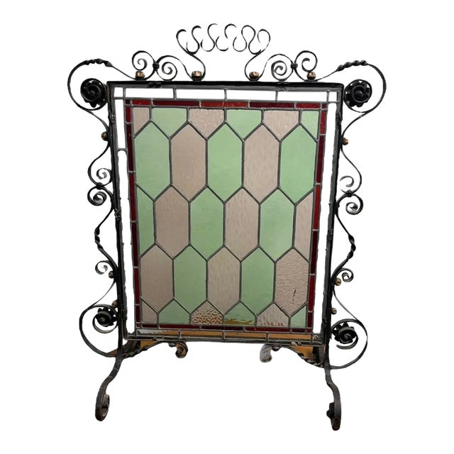 Antique Wrought Iron & Leaded Glass Fire Screen For Sale