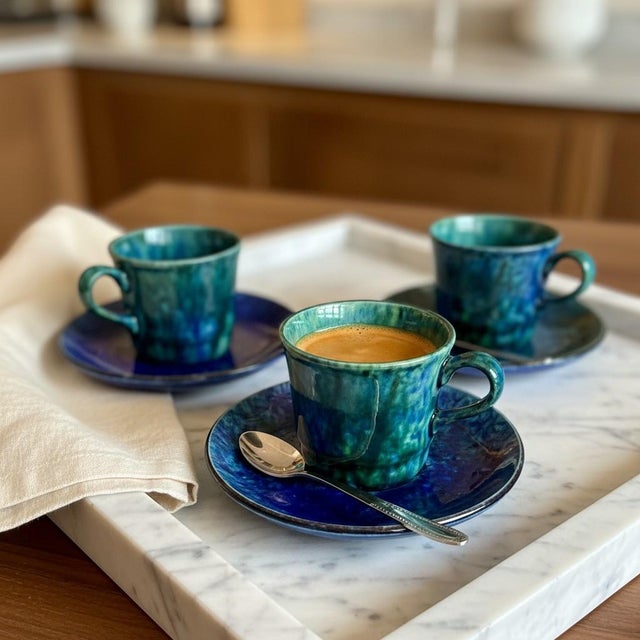 1950s 1950s Mid Century Modern Stangl Mediterranean Art Pottery Blue Green Coffee Cups Saucers - Set of 3 For Sale - Image 5 of 11