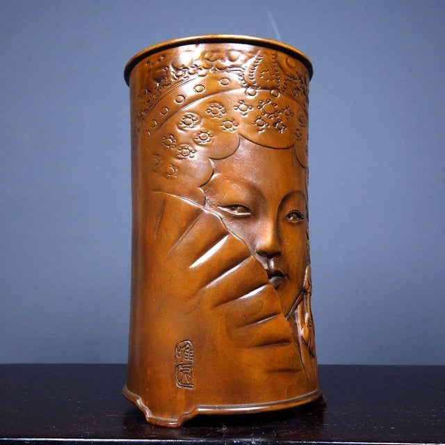Late 19th Century Carved Boxwood Brush Pot With Figural Scene, 310g For Sale - Image 4 of 9