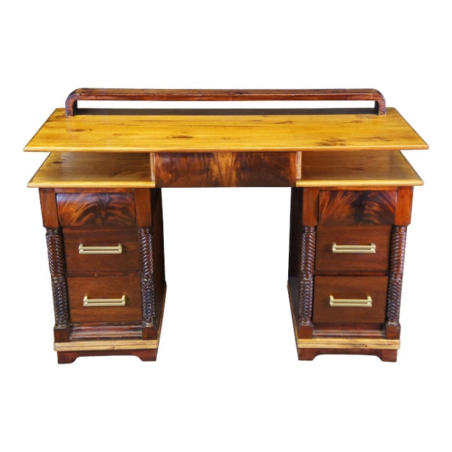 Early 20th Century Antique American Empire Art Deco Flame Mahogany Pine Library Writing Desk 49" For Sale