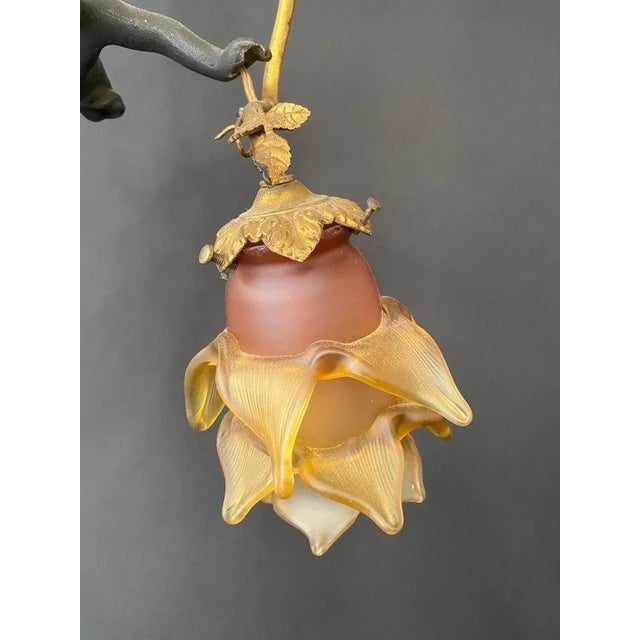 French Art Nouveau Bonze Flying Putto Cherub & Lalique Frosted Glass Tulip Shades For Sale - Image 4 of 11