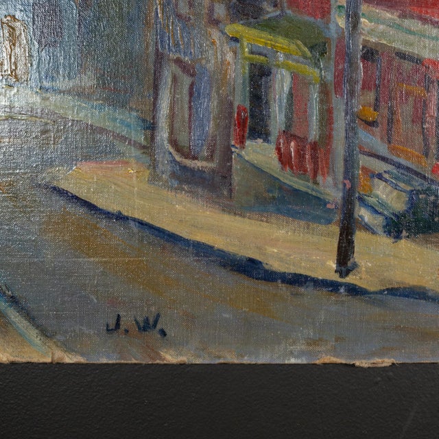 ABOUT Street scene oil painting on masonite, signed by artist J.W. CREATOR J.W. DATE OF MANUFACTURE c.1940. MATERIALS AND...