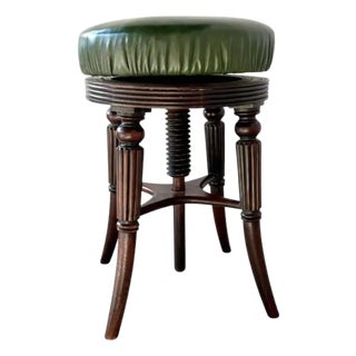 Adjustable English Mahogany Music Stool, Green Leather Seat, C. 1860 For Sale