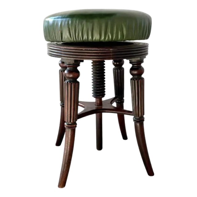 Adjustable English Mahogany Music Stool, Green Leather Seat, C. 1860 For Sale