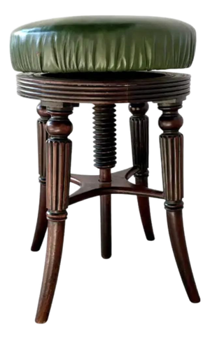 Adjustable English Mahogany Music Stool, Green Leather Seat, C. 1860
