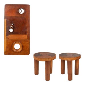Stools and Wall Lamp in Cherrywood and Leather, 1970s, Set of 3 For Sale