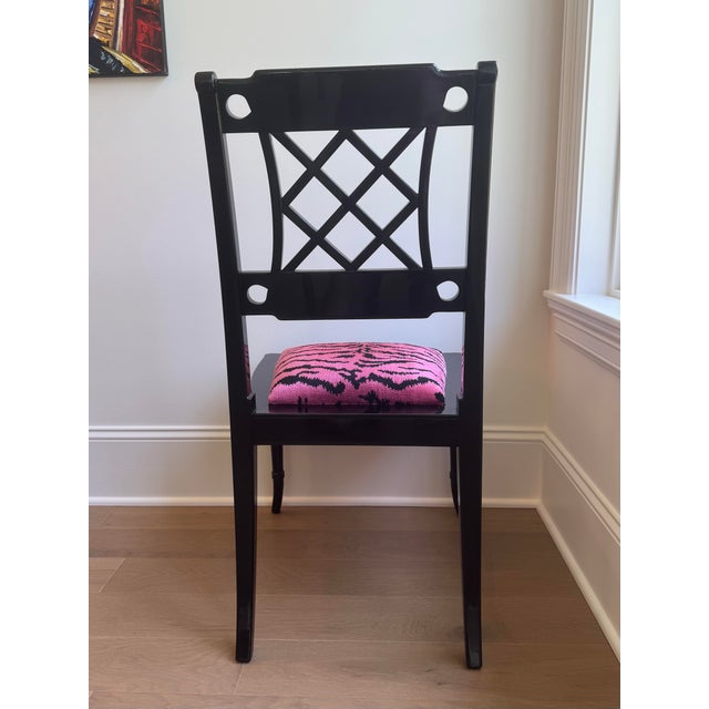 Wood Set of 4 Chinoiserie Dining Game Chairs With Scalamandré Tigre Upholstered Seats For Sale - Image 7 of 9