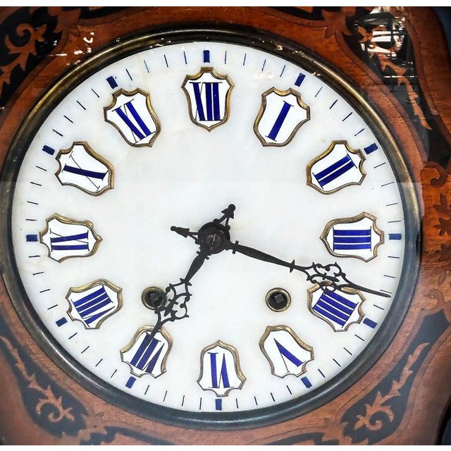 Late 19th Century 19th Century French Napoleon III Wall Clock, Enamel Face and Wood Marquetry For Sale - Image 5 of 10