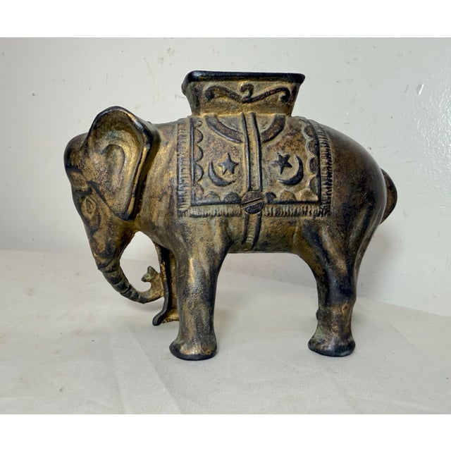 Gold Antique 1900's Ac Williams Hand Painted Cast Iron Circus Elephant Still Bank For Sale - Image 8 of 10