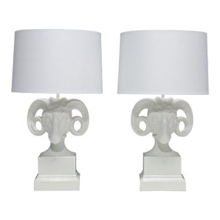 1960s Chapman White Ceramic Ram Head Lamps - a Pair For Sale