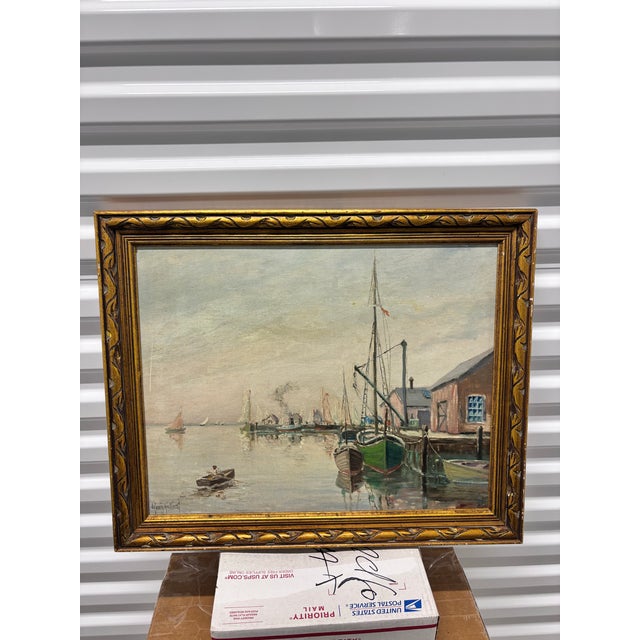Oil Painting Depicts a Tranquil Harbor Scene With Fishing Boats Moored by a Pier and a Small Rowboat in the Calm Water. By J .Henry Hallbert For Sale - Image 4 of 12