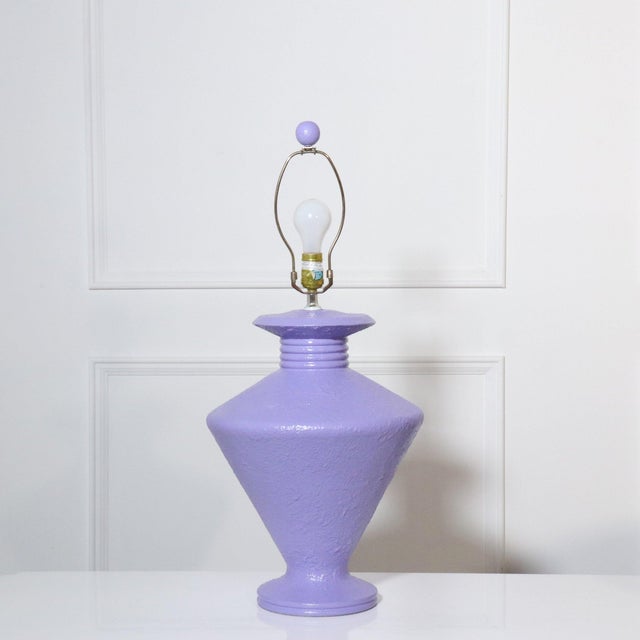 Late 20th Century Sculptural Textured Lavender Plaster Lamps with Faux Bois Shades - a Pair For Sale - Image 5 of 9