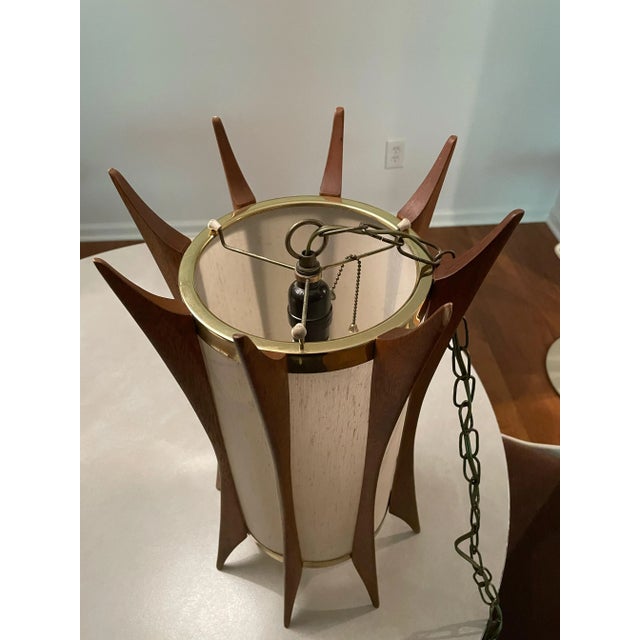 Coffee Mid-Century Modern Teak & Brass Swag Pendant Lamp in the Style of Adrian Pearsall For Sale - Image 8 of 13